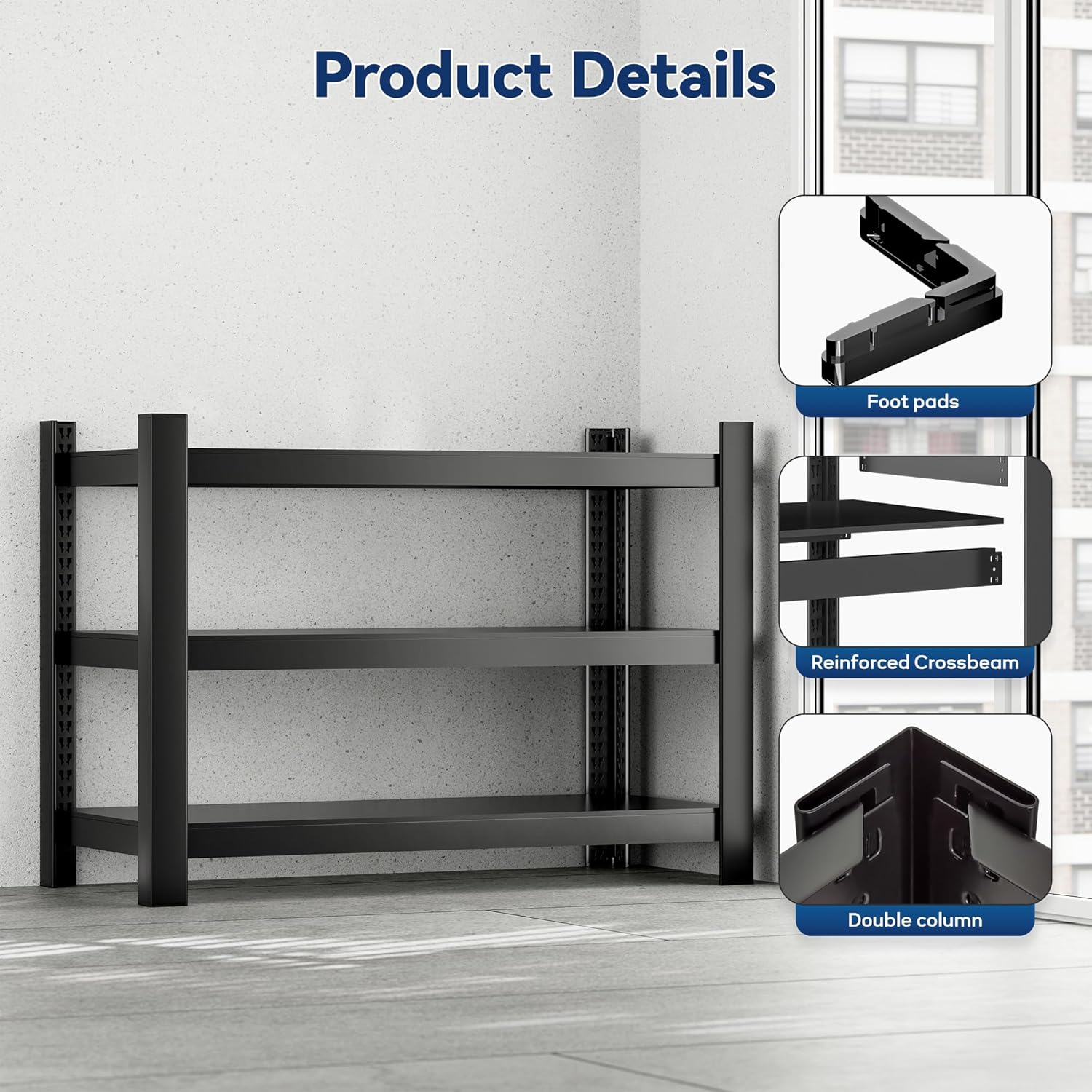 Wanfu Garage Shelving, 3 Tier Shelving Unit, 36" H x 36" W x 16" D Metal Storage Shelves, Adjustable Heavy Duty 3 Tier Shelf for Garage, Pantry, Kitchen, Basement-Black