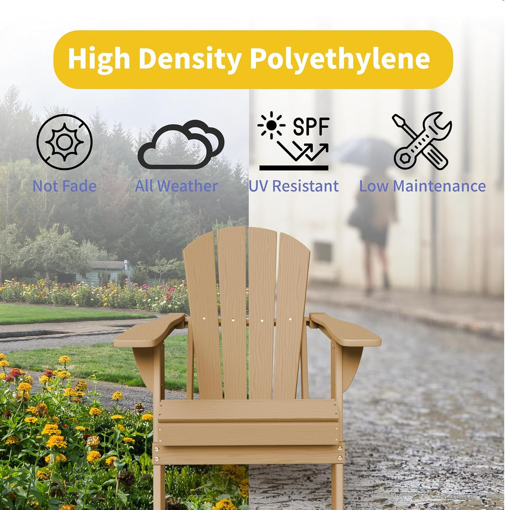 Kingdura Foldable Adirondack Chair, Portable HDPE All Weather Resistant Outdoor Patio Chairs, Wooden Textured with Cup Holder, 380LBS Capacity for Poolside, Backyard, Deck, Fire Pit (Brown)