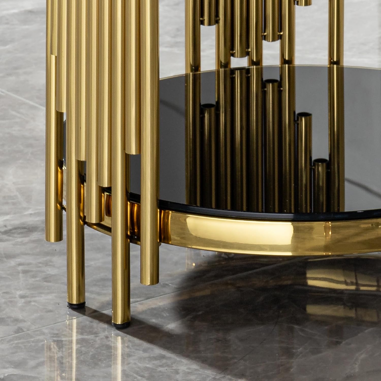 Luxury Gold Round Glass End Table, 17.7" Modern Side Table with Stainless Steel Irregular Leg Black Tempered Glass Tabletop, Accent Furniture for Living Room, Black