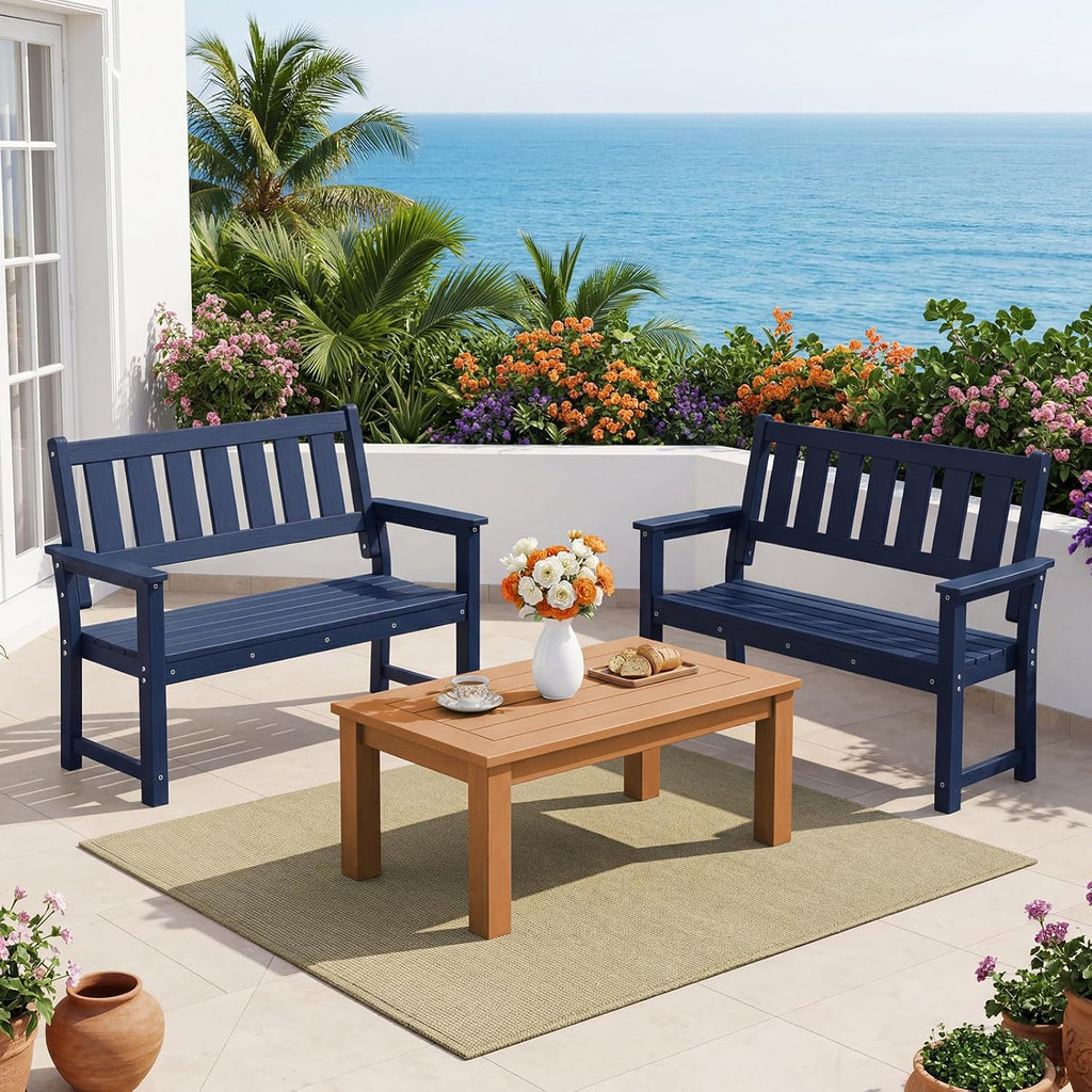 HDPE 2-Person Outdoor Bench, Poly Lumber All-Weather Patio Garden Bench with Backrest, 50 Inch Heavy-Duty Memorial Bench with 800 Lbs Capacity for Outside, Yard, Porch, Balcony and Park (Blue)