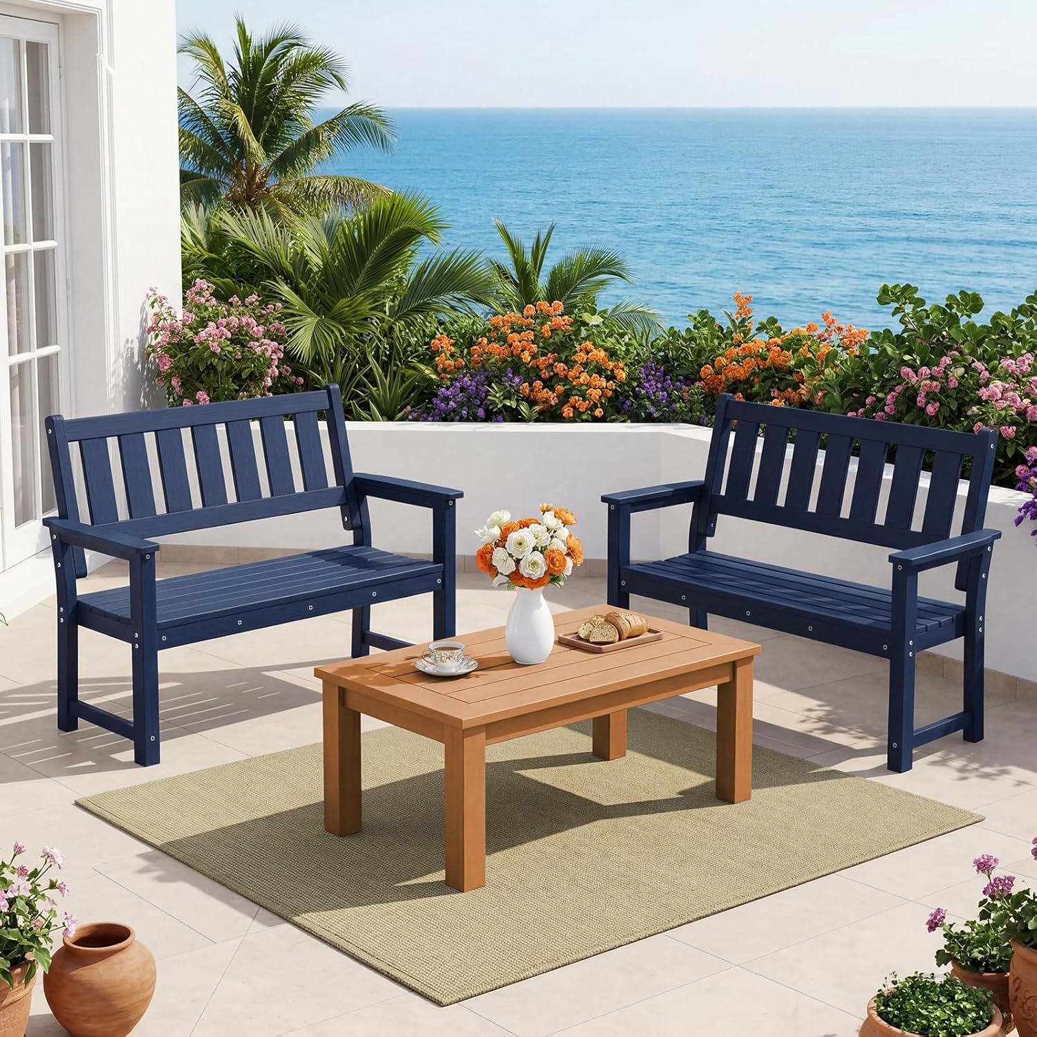 HDPE 2-Person Outdoor Bench, Poly Lumber All-Weather Patio Garden Bench with Backrest, 50 Inch Heavy-Duty Memorial Bench with 800 Lbs Capacity for Outside, Yard, Porch, Balcony and Park (Blue)