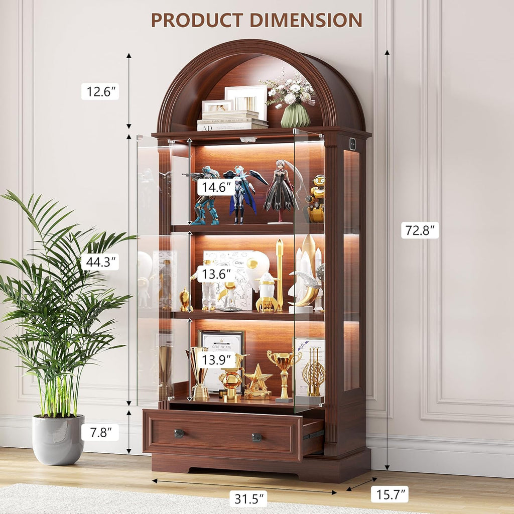Dystler Curio Cabinet with Glass Doors, 72" Tall Arched Display Cabinet with Human Sensor Lights, 4-Tier Display Case for Collectibles Bookcase Living Room, Walnut