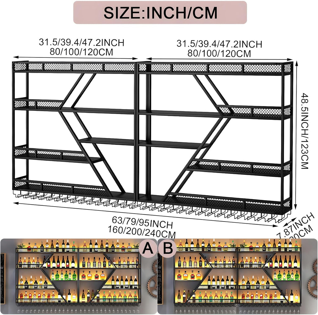 63in Large Wall Mounted Wine Rack, 4 Tier Metal Diamond Shaped Liquor Bottle Shelves Wine Glass Holder, Hanging Liquor Shelf Wall Mounted, for Home Bar Dining Room (4 Tiers Gold, 63 * 7.87 * 48.5INCH)