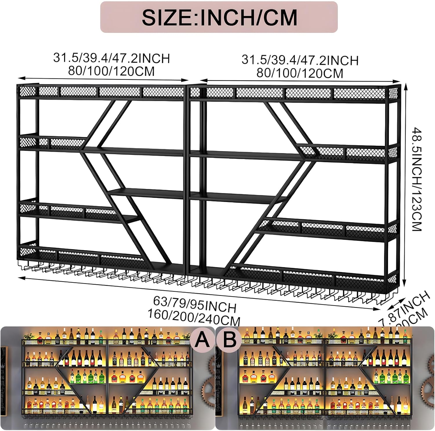 63in Large Wall Mounted Wine Rack, 4 Tier Metal Diamond Shaped Liquor Bottle Shelves Wine Glass Holder, Hanging Liquor Shelf Wall Mounted, for Home Bar Dining Room (4 Tiers Gold, 63 * 7.87 * 48.5INCH)