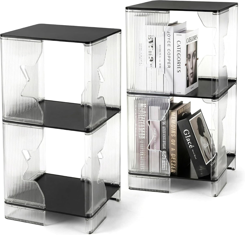 UMAIL End Table Set of 2, 3-Tier Nightstand with Clear Fluted Stripe Design, Narrow Side Table for Living Room, Bedroom, 13" D x 13" W x 26" H, Black