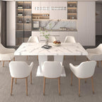 78.74'' Extendable Rectangular Dining Table for 4-8, Modern Mid-Century Wood Expandable Kitchen Dinner Conference Table for Living Room Office, 2 Widen Pedestal Base, White Faux Marble