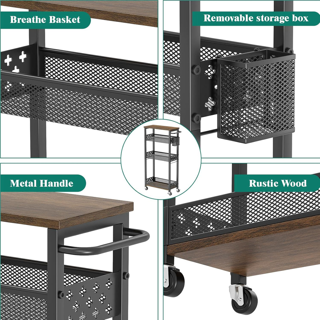 XYZLVSI Slim Storage Cart 4 Tier Laundry Cart with Wheels, Narrow Metal Kitchen Rolling Carts Bathroom Organizers Storage Shelf with Wood Rack and Handle for Small Space