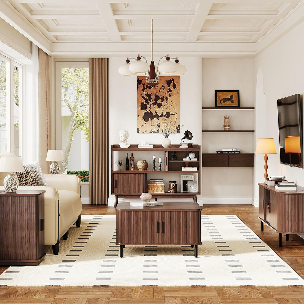 ONBRILL 51.2" Sideboard Buffet Cabinet with Outlet & 2Open Storage Spaces, Fluted Sideboard Cabinet with Sliding Door & Adjustable Shelves, Mid-Century Accent Coffee Bar Console Table with Wooden Feet