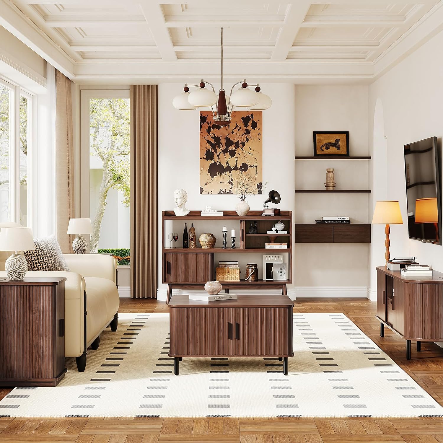 ONBRILL 51.2" Sideboard Buffet Cabinet with Outlet & 2Open Storage Spaces, Fluted Sideboard Cabinet with Sliding Door & Adjustable Shelves, Mid-Century Accent Coffee Bar Console Table with Wooden Feet