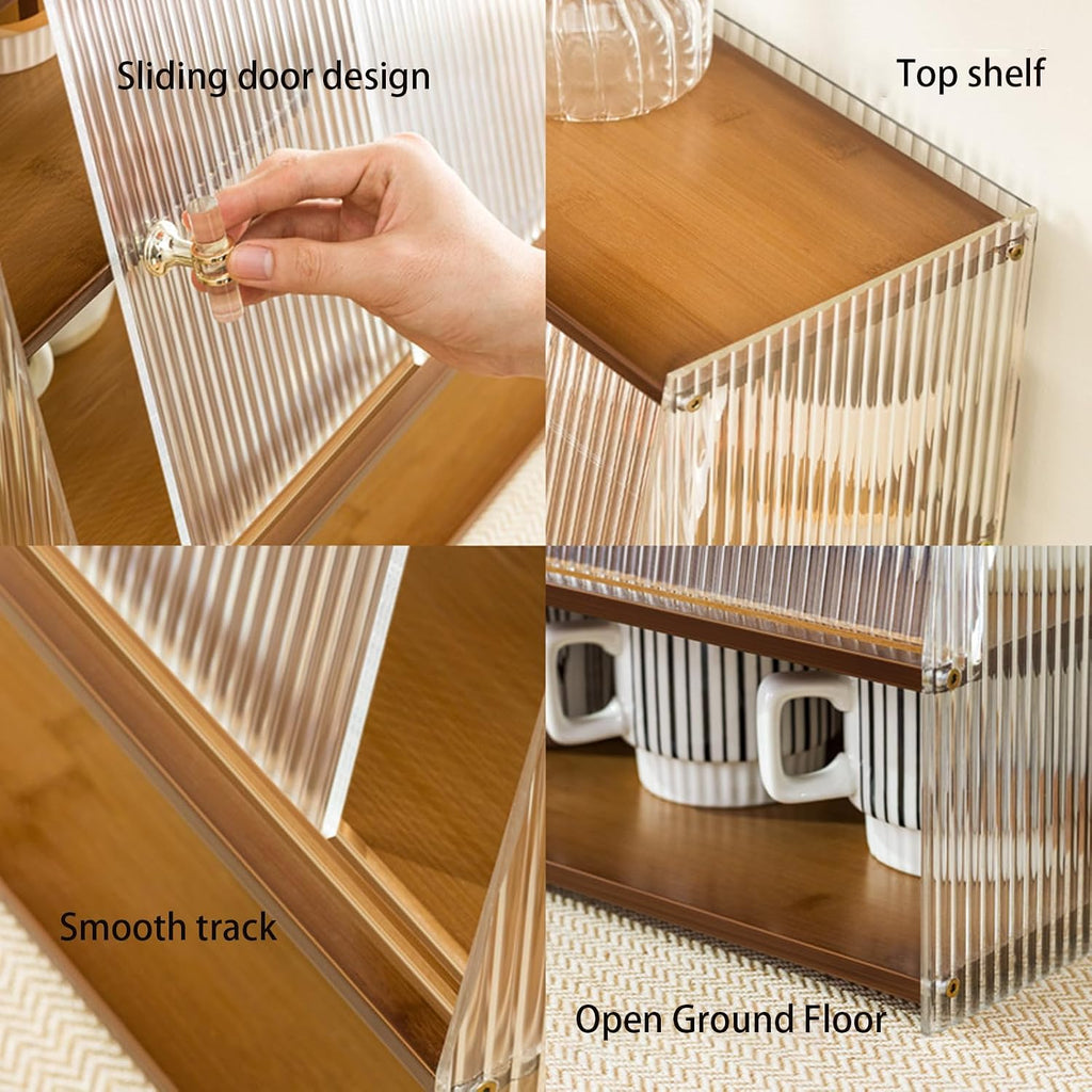 Kitchen Pantry Storage Cabinet, Trapezoidal Countertop Cabinet with Shelves and Striped Acrylic Door for Kitchen Countertops, Coffee Bars, for Syrup, Cups, Stirrer (C)