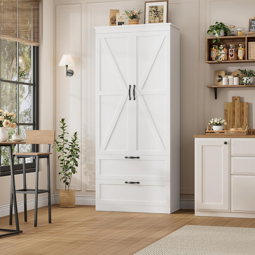 HOSTACK 70" Tall Kitchen Pantry Storage, Barn Doors Pantry Cabinet with Drawers and Adjustable Shelf, Modern Farmhouse Storage Cabinet for Kitchen, Dining Room, Living Room, Bathroom, White
