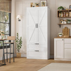 HOSTACK 70" Tall Kitchen Pantry Storage, Barn Doors Pantry Cabinet with Drawers and Adjustable Shelf, Modern Farmhouse Storage Cabinet for Kitchen, Dining Room, Living Room, Bathroom, White