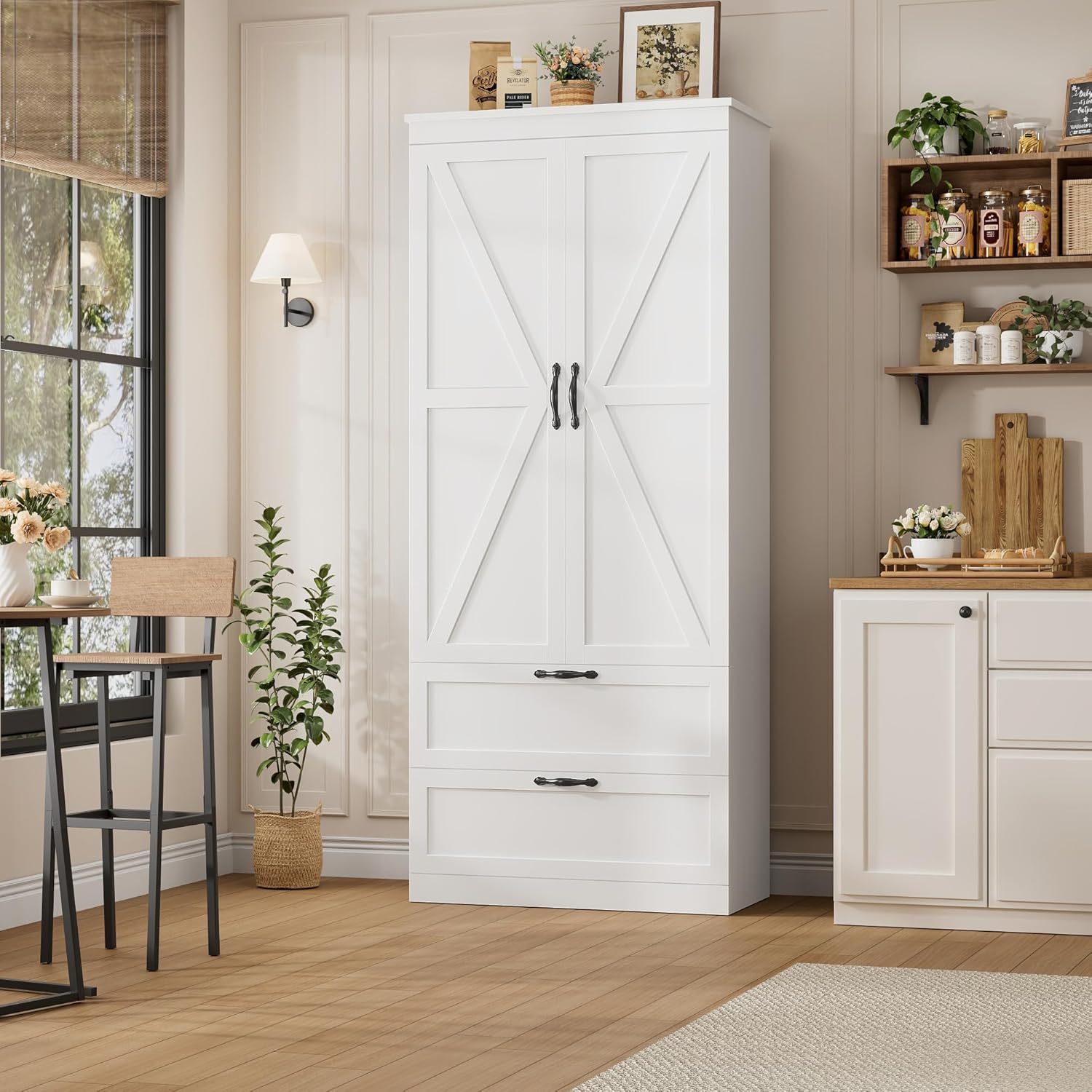 HOSTACK 70" Tall Kitchen Pantry Storage, Barn Doors Pantry Cabinet with Drawers and Adjustable Shelf, Modern Farmhouse Storage Cabinet for Kitchen, Dining Room, Living Room, Bathroom, White