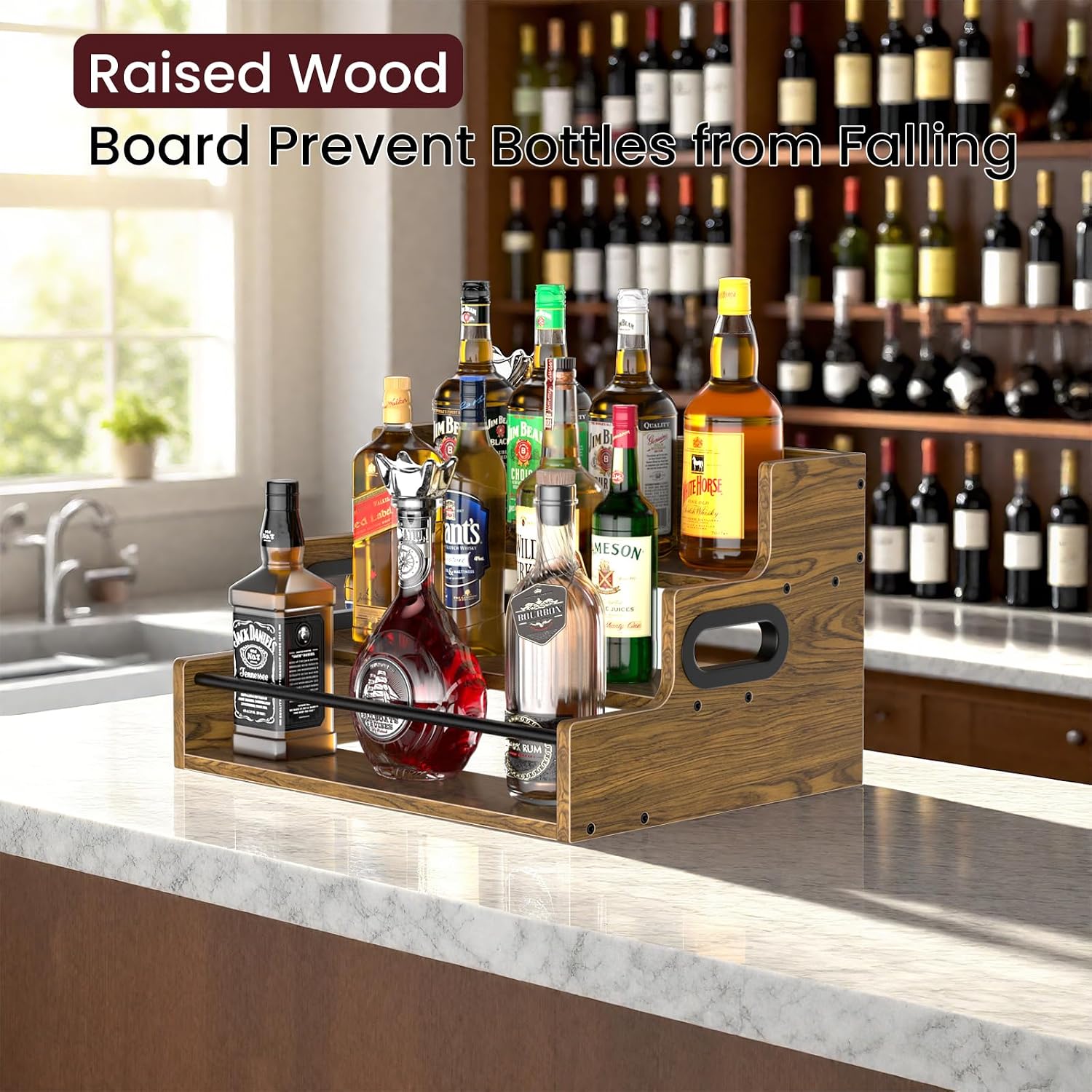 Haligo 3-Tier Liquor Bottle Display Shelf, Wood Coffee Syrup Organizer, Retro Countertop Spice Rack, Coutertop Wine Racks for Mini Bar, Whiskey, Spirits, Alcohol