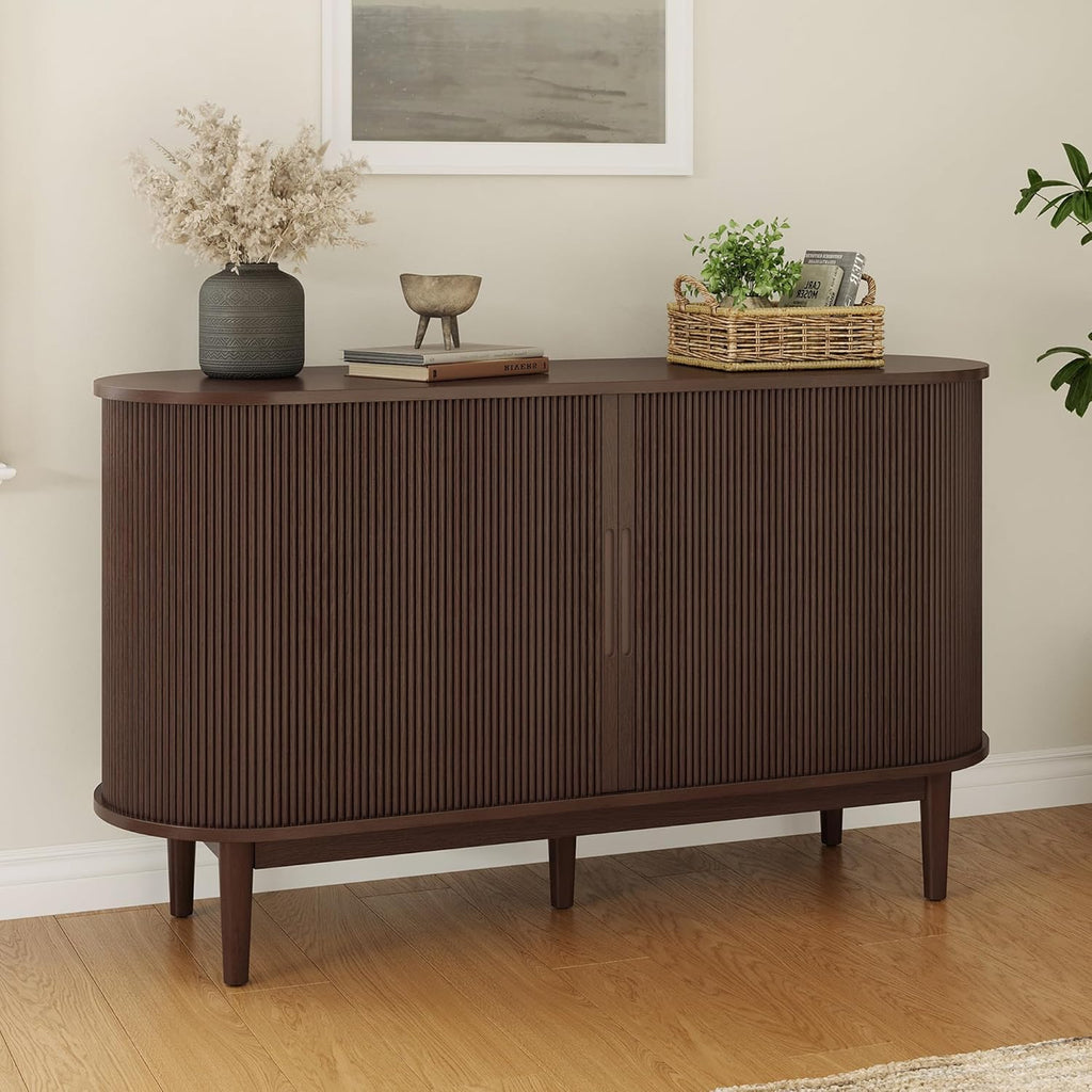 LINSY HOME Sideboard Buffet Cabinet with Storage, 55" Fluted Coffee Bar Cabinet with Tambour Sliding Doors and Drawer, Mid Century Modern Wood Storage Buffet Table for Kitchen, Vintage Walnut