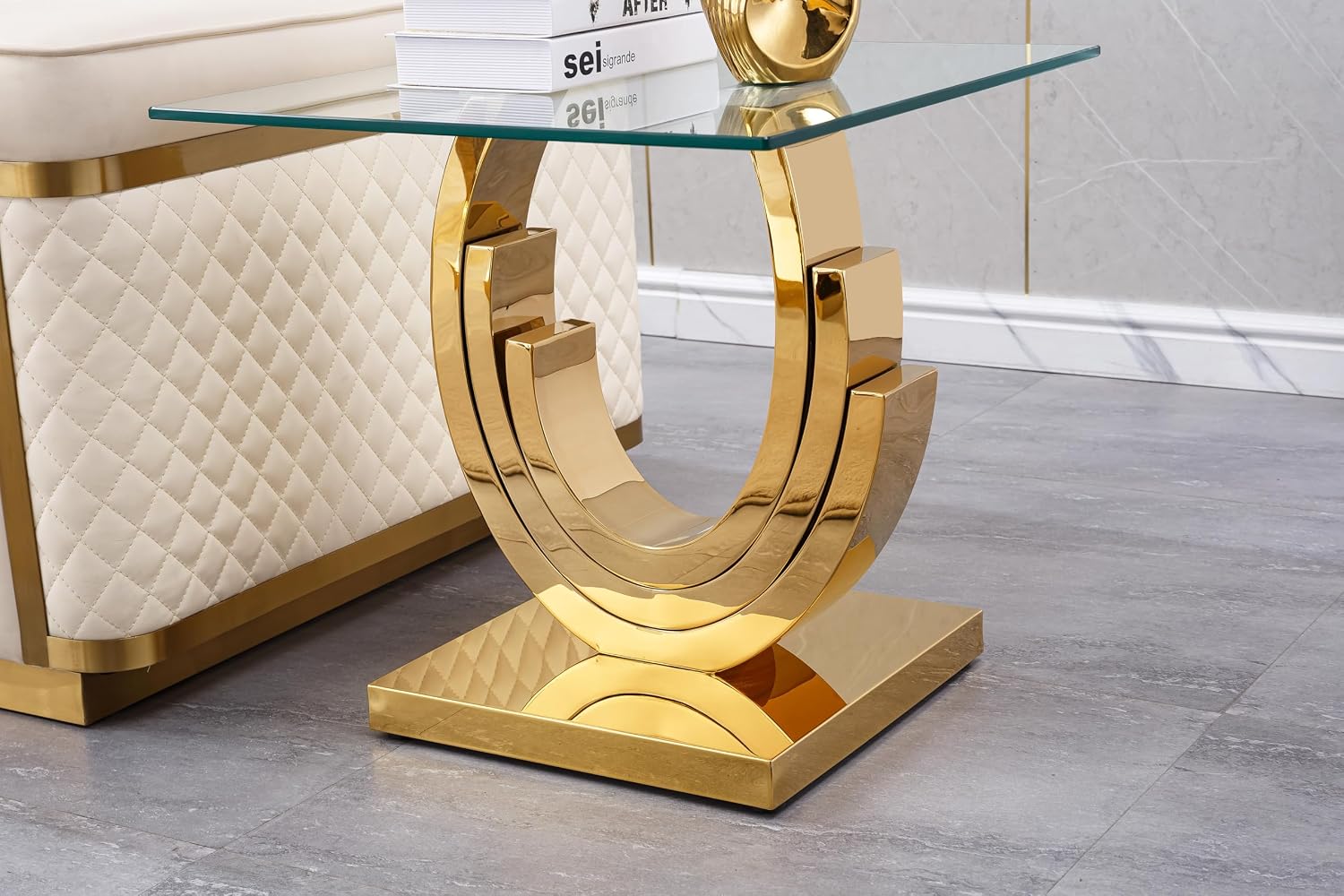 Modern Glass End Table, 22.8" Sofa Side Table with Gold Stainless Steel Frame and Clear Glass Top, Cocktail Tea Table, Square End Table Bedside Table Nightstand for Home Office