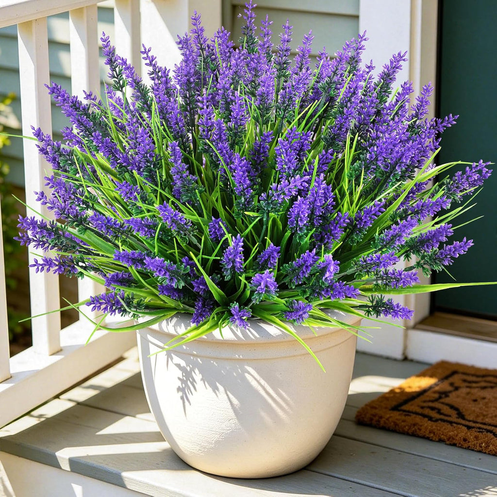 16 Bundles Faux Outdoor Plants, UV Resistant Fake Lavender & Monkey Grass, Realistic Artificial Flowers & Greenery for Outdoor Planters, Porch, Patio, Farmhouse Decor (Purple)