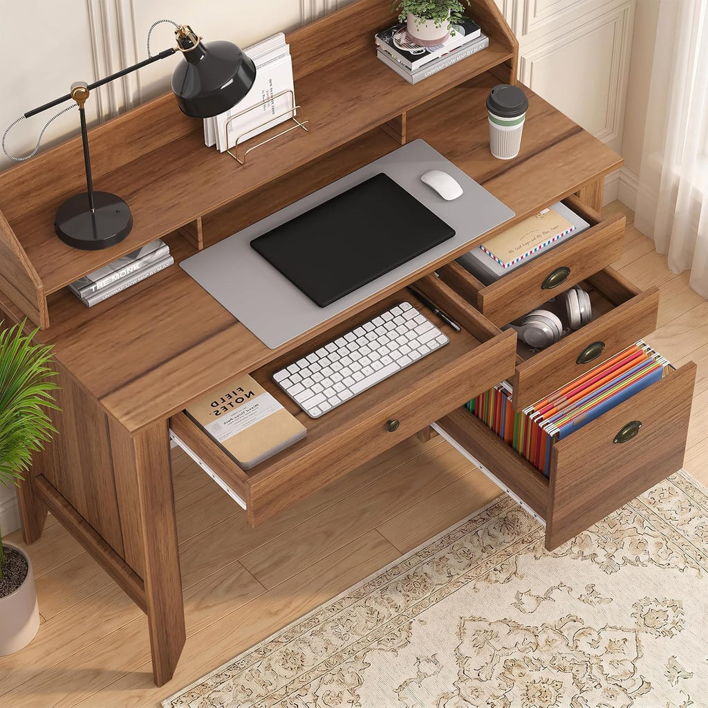 4 EVER WINNER Desk with Drawers, 47'' Small Desk with Monitor Stand and File Drawer, Computer Desk with Storage for Bedroom, Living Room, Small Spaces, Walnut