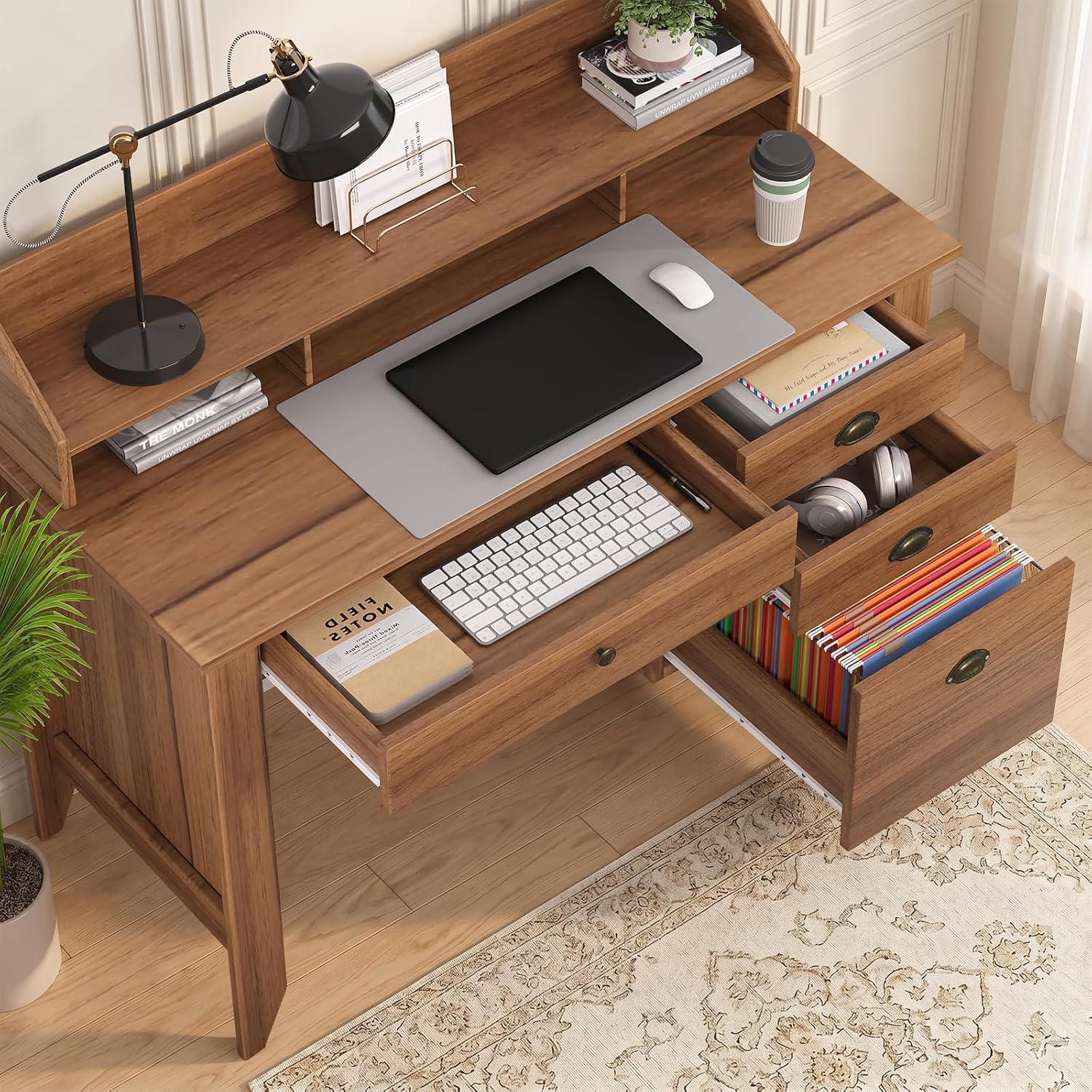 4 EVER WINNER Desk with Drawers, 47'' Small Desk with Monitor Stand and File Drawer, Computer Desk with Storage for Bedroom, Living Room, Small Spaces, Walnut