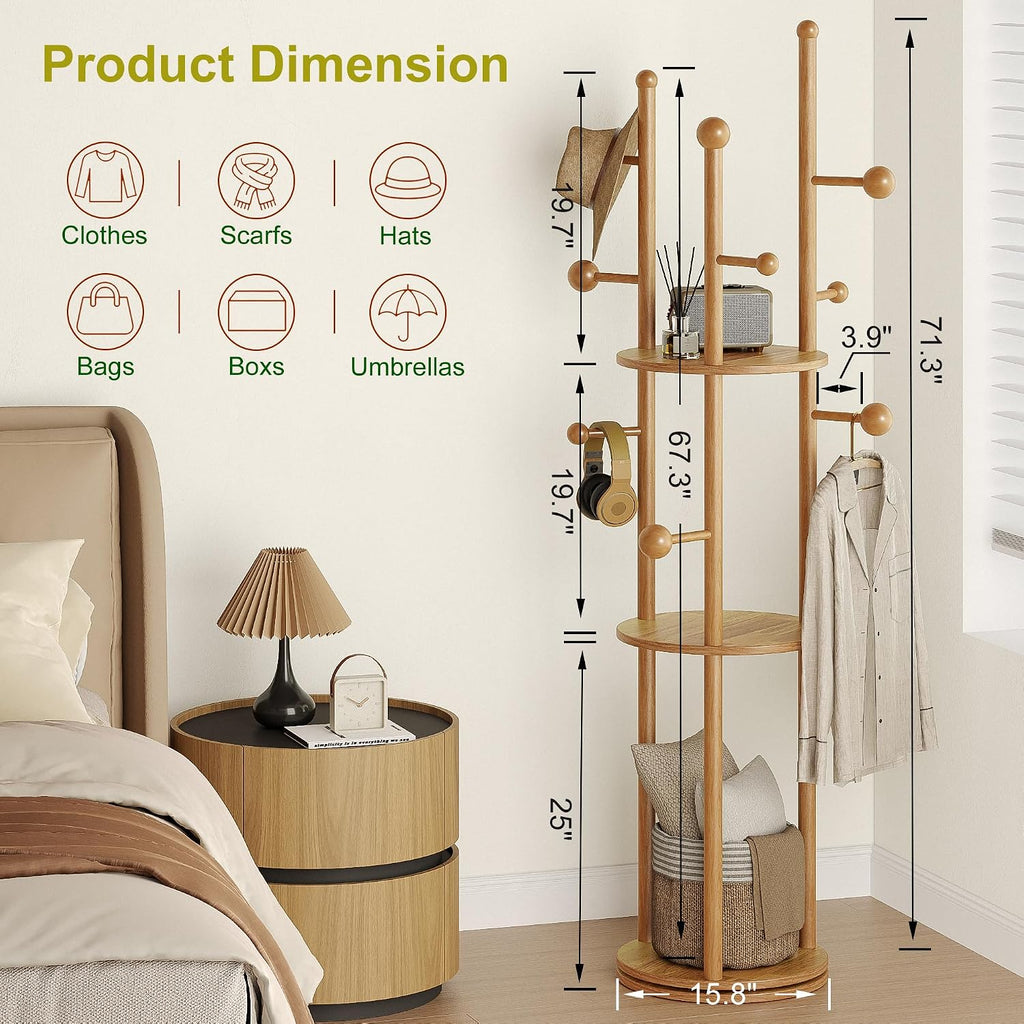 FROMJBEST Coat Rack Freestanding,Coat tree Entryway,Mid-Century,Nature Wood | Freestanding, Solid Wood, 9 Hooks & 3 Shelves, for Entryway, Hallway, Bedroom, Living Room, Office, Holds Bags, Hats, Purses