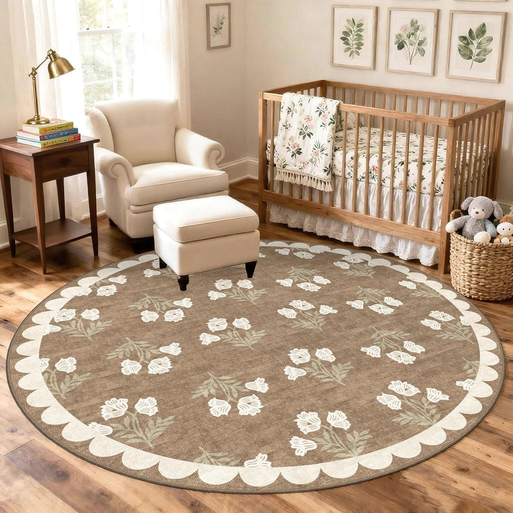 Tan 6ft Round Area Rug for Living Room - Large Washable Floral Neutral Farmhouse Scalloped Circle Rug for Bedroom Stain Resistant Dining Room Rugs for Under Round Table Carpet for Living Room