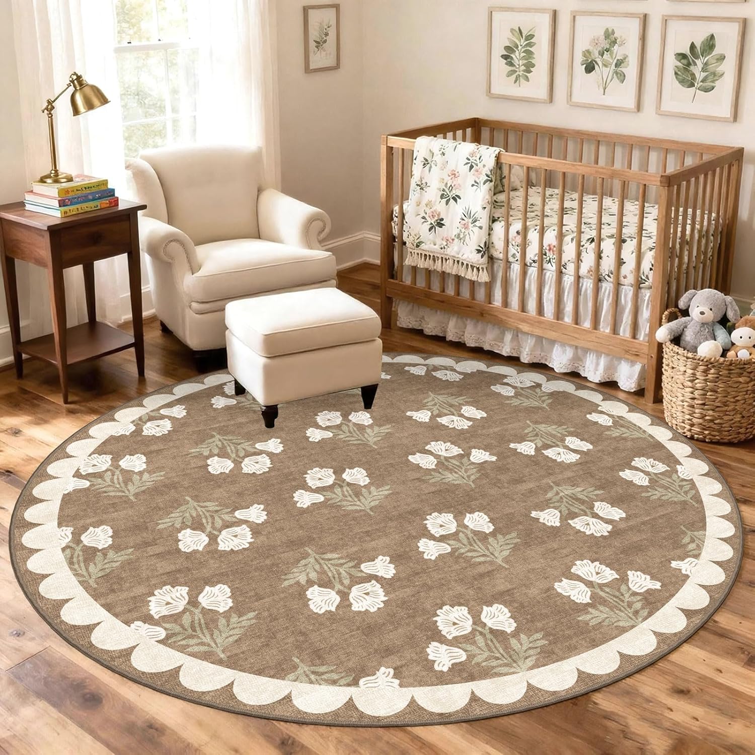 Tan 6ft Round Area Rug for Living Room - Large Washable Floral Neutral Farmhouse Scalloped Circle Rug for Bedroom Stain Resistant Dining Room Rugs for Under Round Table Carpet for Living Room