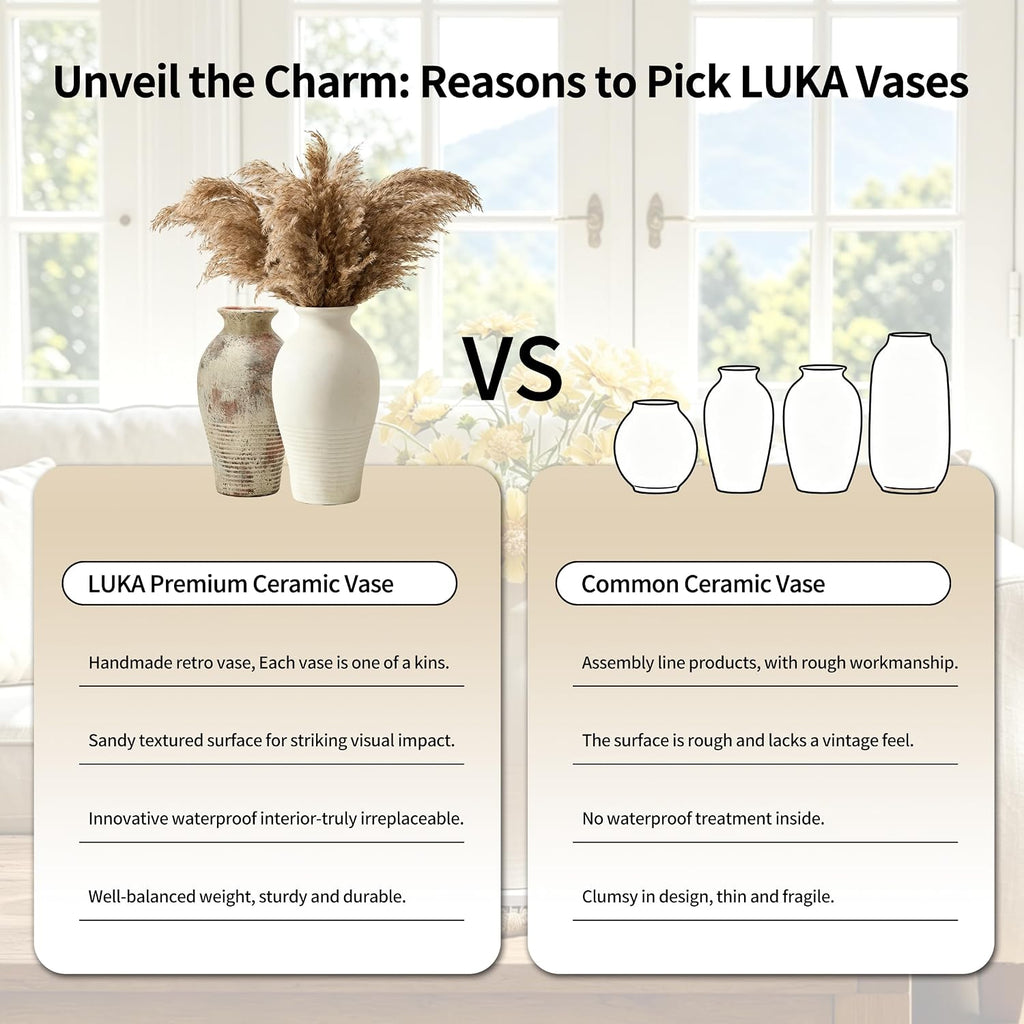 LUKA Ceramic Flower Vase Home Decor,11inches Large Farmhouse Table Vases Rustic Vintage Living Room Kitchen Bedroom Decorations for Home, Shelf, Fireplace Mantel Decoration (11",Off-White)