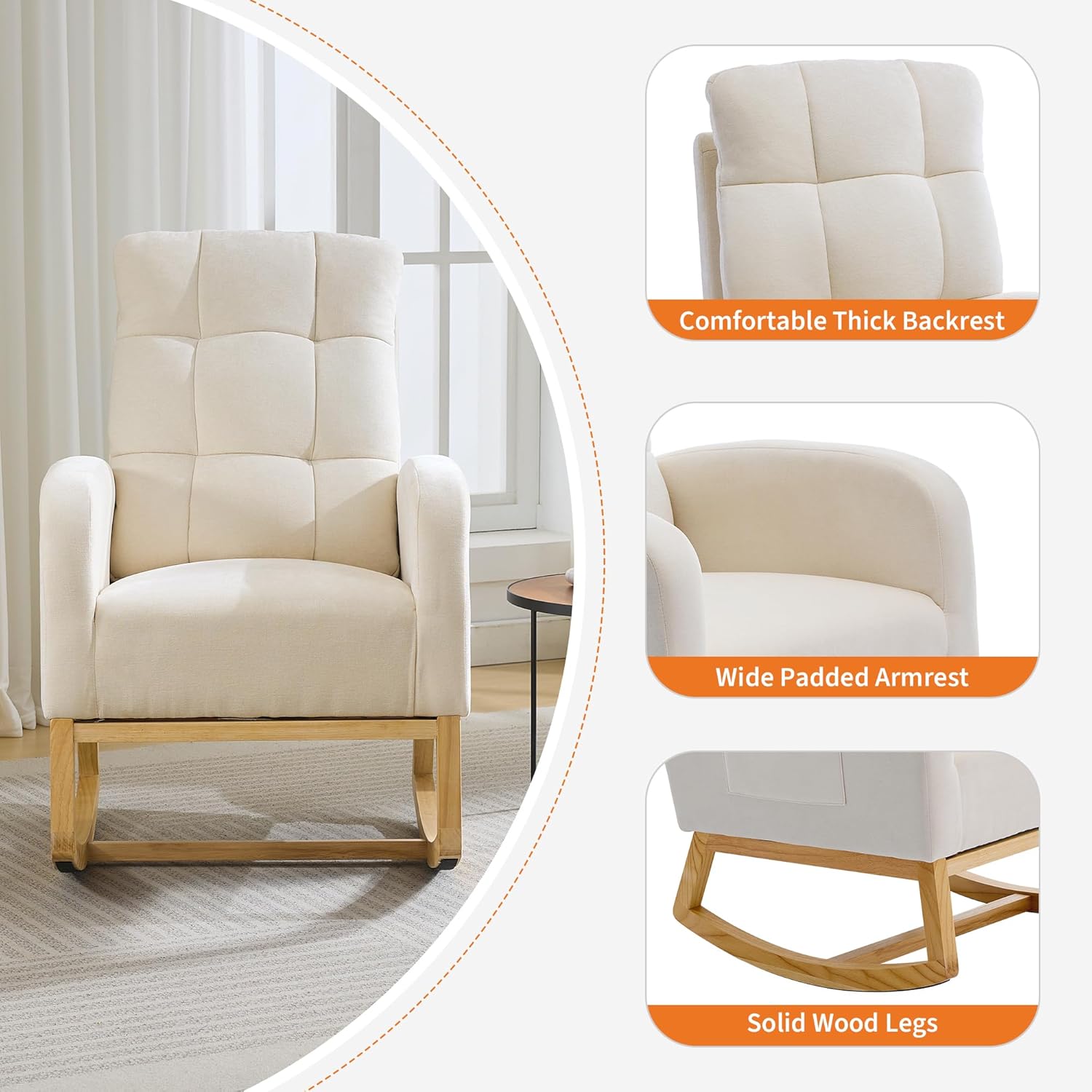 Modern Nursery Rocking Recliner with USB Charging, Upholstered Mid-Century Glider Chair with High Back, Side Pocket & Sturdy Wood Legs for Nursing Room, Bedroom, Living Room, Linen Beige