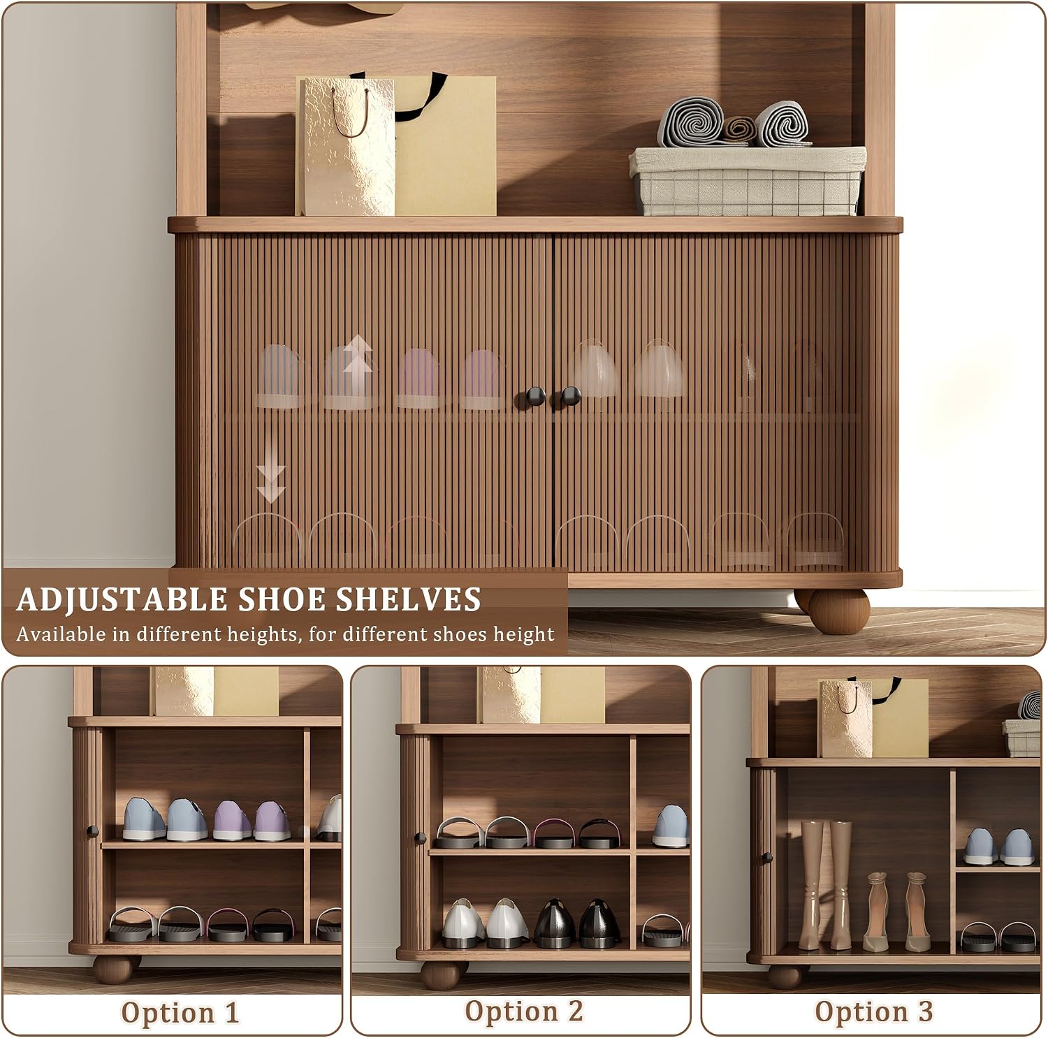 71" Hall Tree with Bench and Shoe Storage, 4-in-1 Design Entryway Bench with Coat Rack, Arch Farmhouse Entryway Hall Tree with 4 Hooks and Adjustable Shelves for Hallway, Living Room
