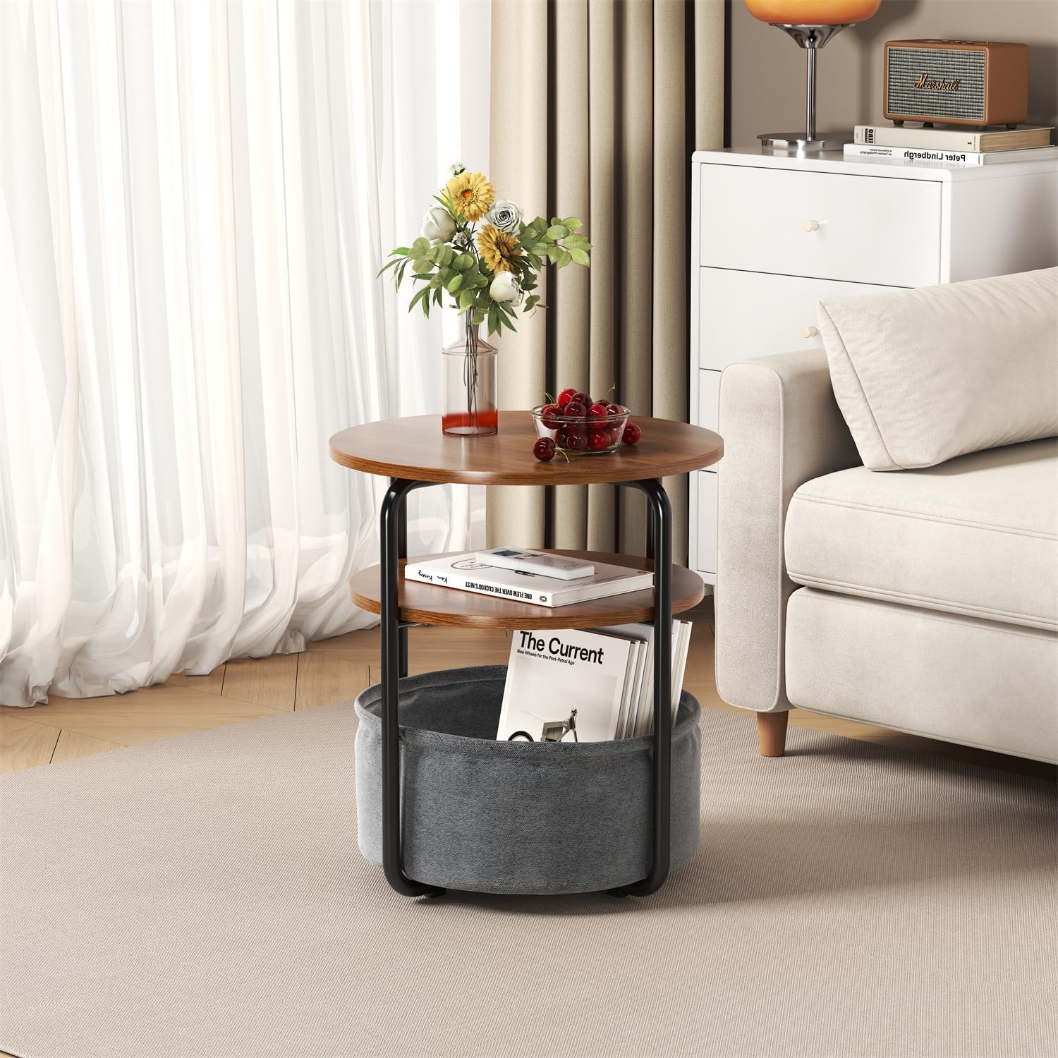 GarveeHome Small Side Table for Small Spaces with Storage Basket, Round End Table 3-Tier Nightstand 23.6" h Vintage Sofa Corner Table for Living Room, Bedroom, Patio Nursery, Bathroom