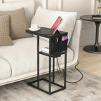 Livofloral C Shaped End Table with Charging Station, Small Side Tables for Couch with Storage Bag, Couch Side Tables for Living Room, C-Table for Sofa, Small Bedside Table for Bedroom, Black