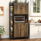 Industrial Style Kitchen Pantry Storage Cabinet, Brown Tall Kitchen Hutch with Microwave Stand, Food Pantry Cabinet with Side 6 Shelves and 2 Doors for Dining Room, Living Room