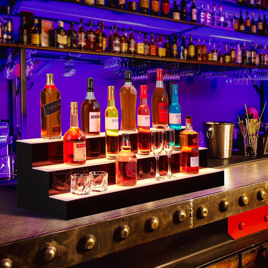 Liquor Bottle Display Shelf, 24 in Acrylic Lighted Bottle Display with Remote & App Control, 1-8 H Timing, 3-Tiers Bottle Stand Mulit-color Lighting for Home/Commercial Bar Display, Home Storage