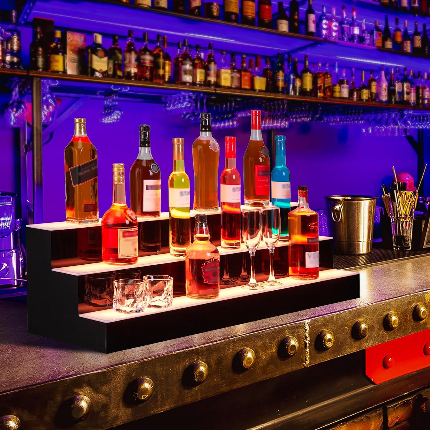 Liquor Bottle Display Shelf, 24 in Acrylic Lighted Bottle Display with Remote & App Control, 1-8 H Timing, 3-Tiers Bottle Stand Mulit-color Lighting for Home/Commercial Bar Display, Home Storage