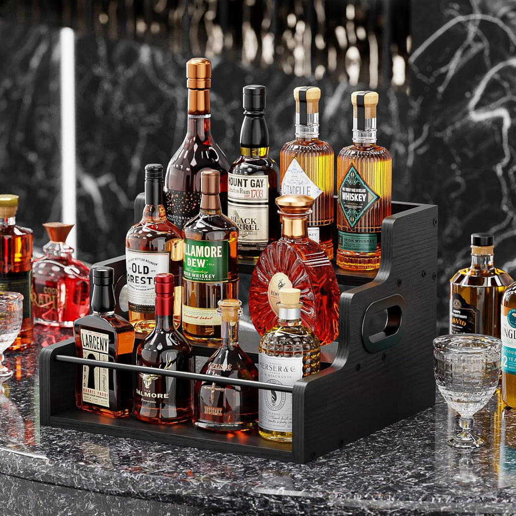 KLM Liquor Bottle Display Shelf, Coffee Syrup Rack Organizer, 3 Step Countertop Liquor Wine Rack, Mini bar,Liquor Cabinet, Home Retro Bar Shelf Stand for Liquor Whiskey, Spirits（Black）