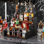 KLM Liquor Bottle Display Shelf, Coffee Syrup Rack Organizer, 3 Step Countertop Liquor Wine Rack, Mini bar,Liquor Cabinet, Home Retro Bar Shelf Stand for Liquor Whiskey, Spirits（Black）