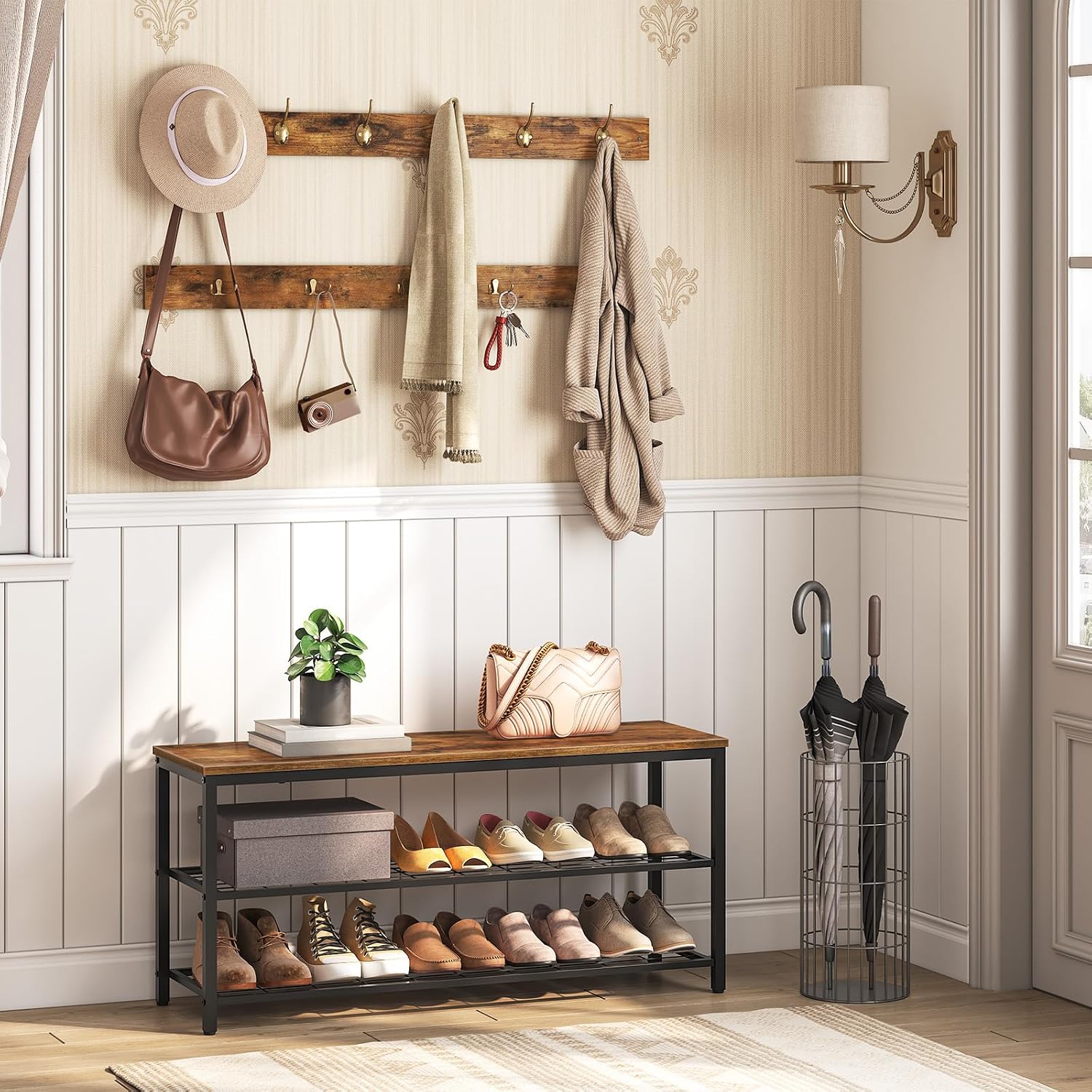 HOOBRO Hall Tree with Bench, Coat Rack Shoe Bench Set, Entryway Shoe Rack with Coat Hooks, Hall Tree, 39.4" L x 11.8" W x 18.1" H, Industrial, for Front Door, Rustic Brown BF071MT01G1