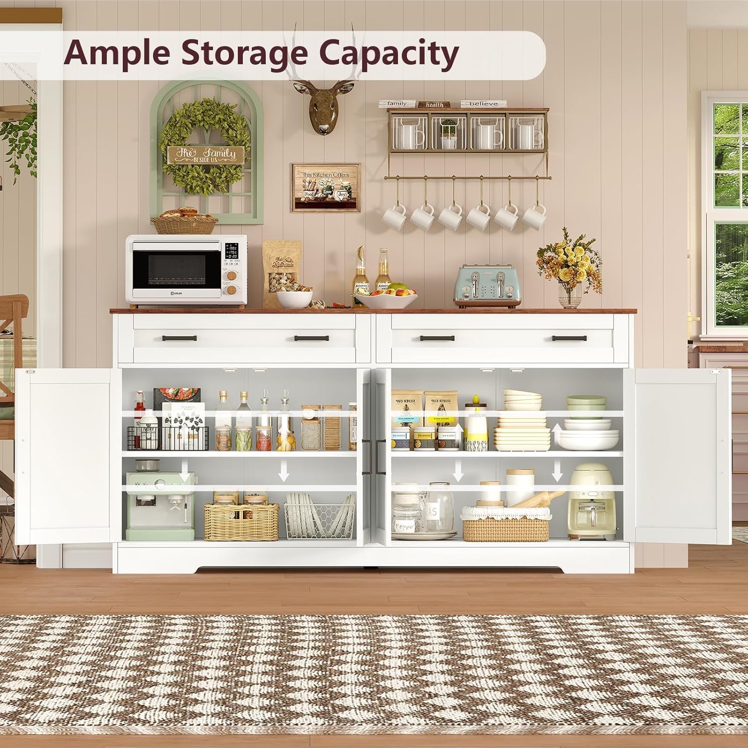 Buffet Cabinet with Storage, Drawers & Adjustable Shelves, 55" Large Sideboard with Doors, Modern Coffee Bar Cabinet for Kitchen or Living Room, White