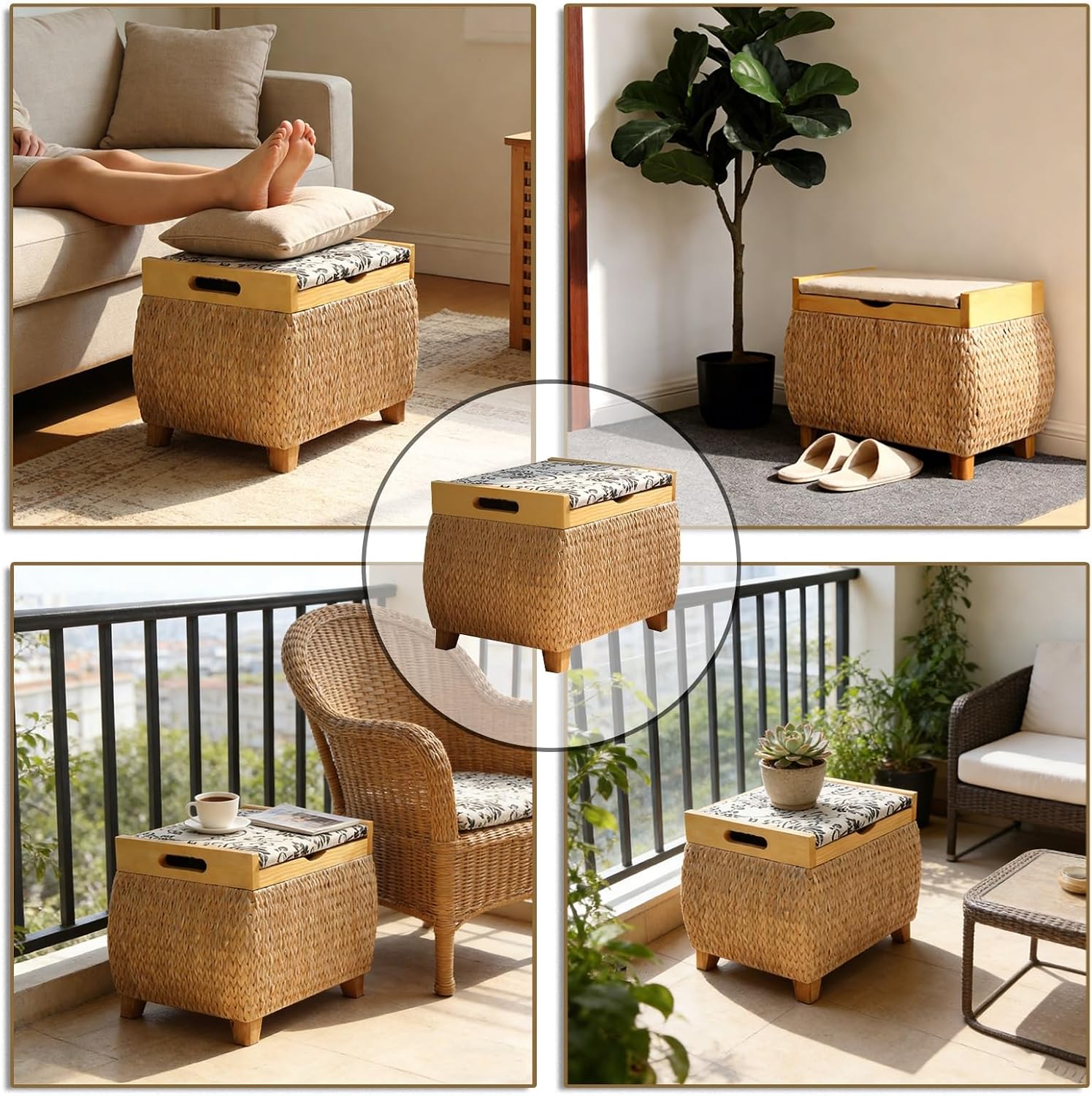 Ottoman with Storage Rattan Woven ，Bench with Padded Seat End of The Bed Entry Bench Footrest Stool for Hallway Living Room(Primary Color,53cm/20.9in)