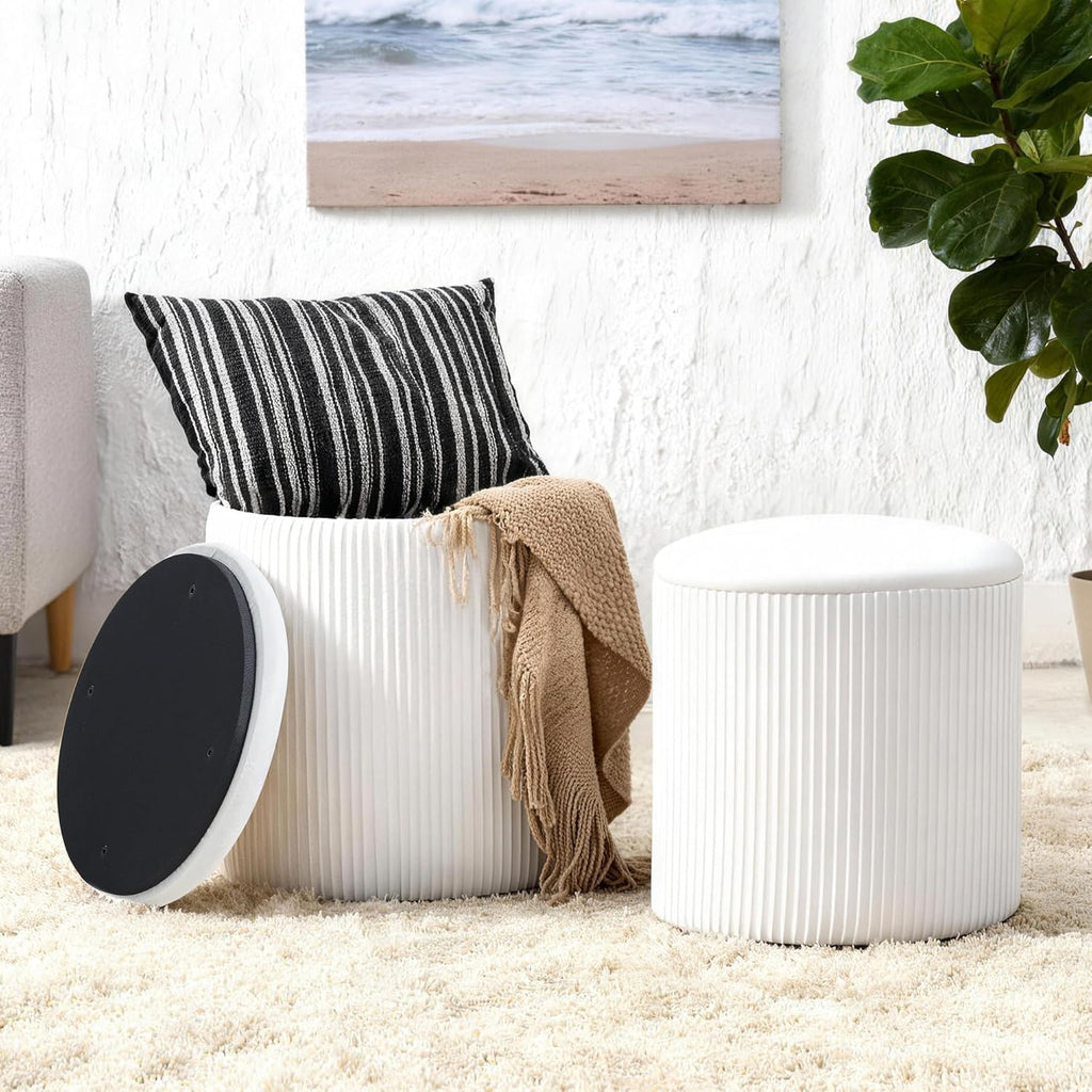 White Vanity Stool Set of 2 - Round Storage Ottoman with Lid, Velvet Footrest Pouf for Makeup Room & Living Room, Multi-Use Small Chair with Hidden Storage（White）