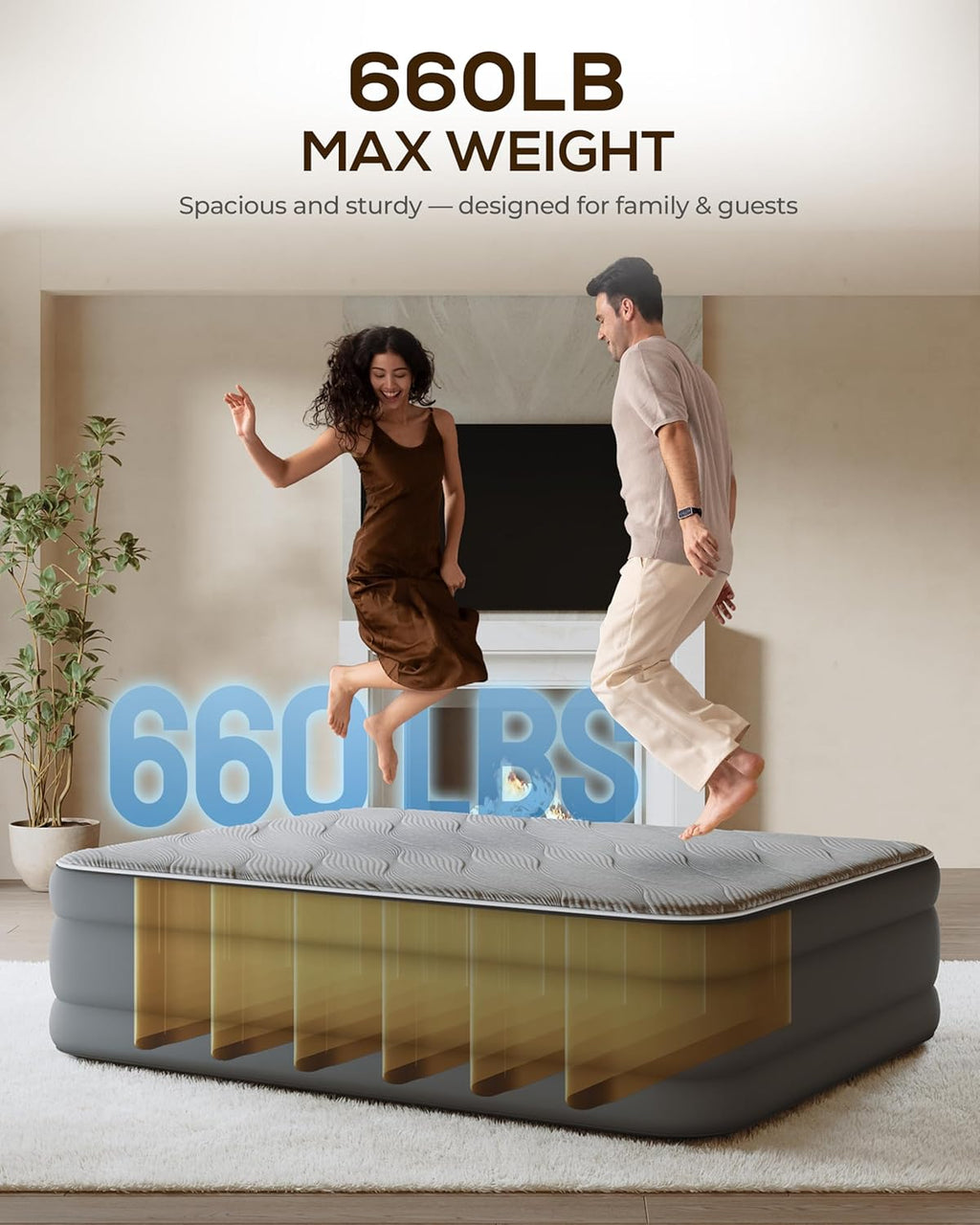 Fast Inflate AirBed, Quiet & Comfortable Blow Up Bed for Home Guests, Camping, Travel, 20” Tall Luxury Air Mattress with Quilted Foam Topper, U-shaped PVC strap for Extra Firm Support, Inflatable Bed