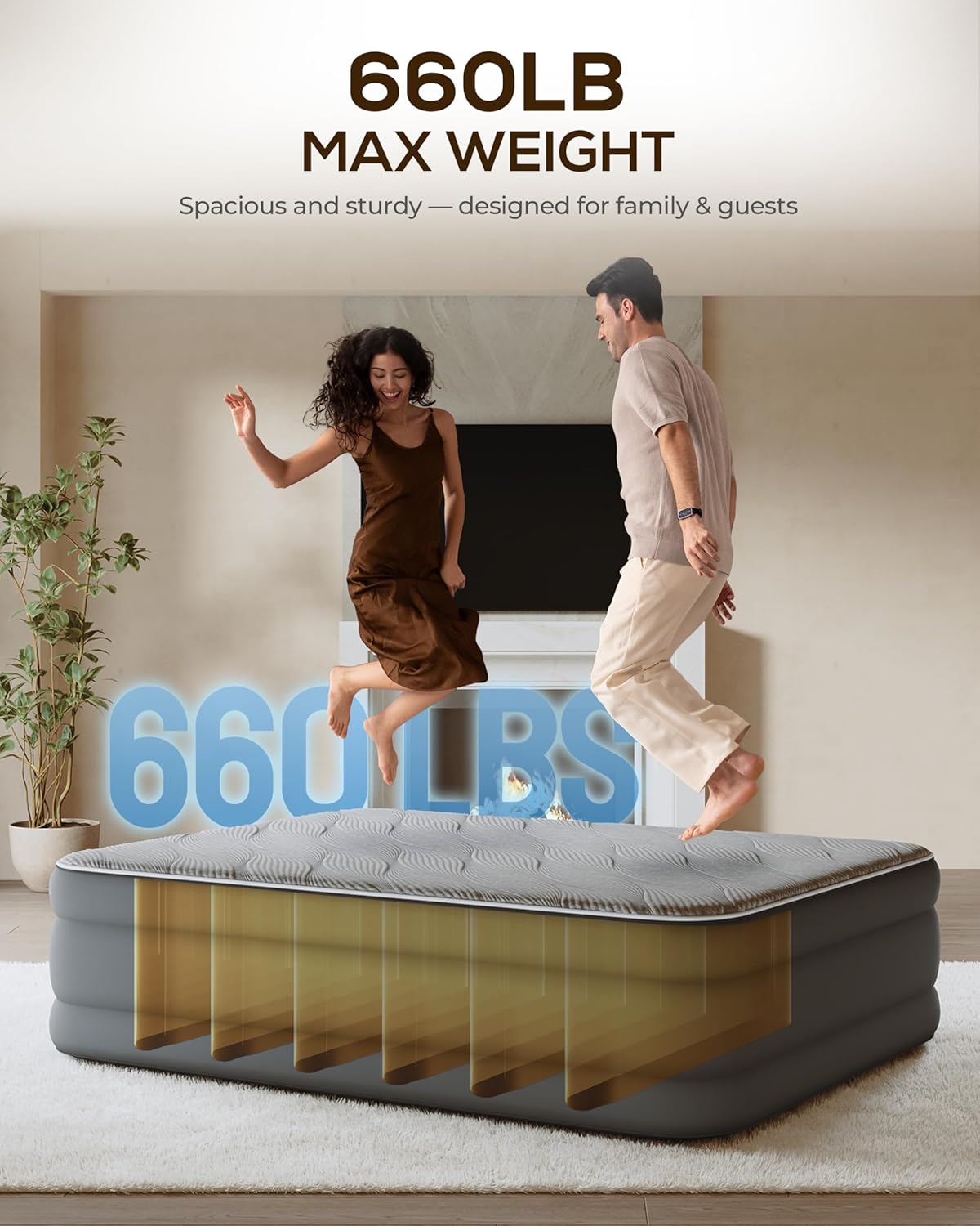 Fast Inflate AirBed, Quiet & Comfortable Blow Up Bed for Home Guests, Camping, Travel, 20” Tall Luxury Air Mattress with Quilted Foam Topper, U-shaped PVC strap for Extra Firm Support, Inflatable Bed
