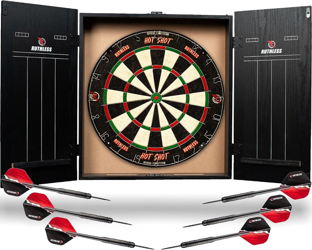 Ruthless Home Darts Centre with or Without LED Light Options | Home Dart Board Centre Including Cabinet, Dartboard and 2 Sets of Darts.