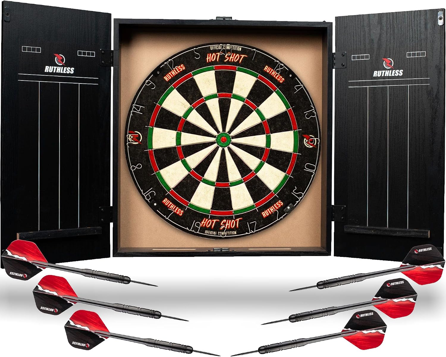 Ruthless Home Darts Centre with or Without LED Light Options | Home Dart Board Centre Including Cabinet, Dartboard and 2 Sets of Darts.