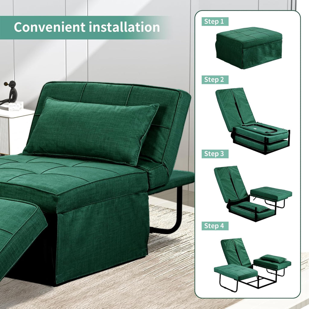 Green Sofa Bed, Convertible Chair 4 in 1 Multi-Function Modern Folding Ottoman Guest Bed with Adjustable Sleeper for Small Room Apartment