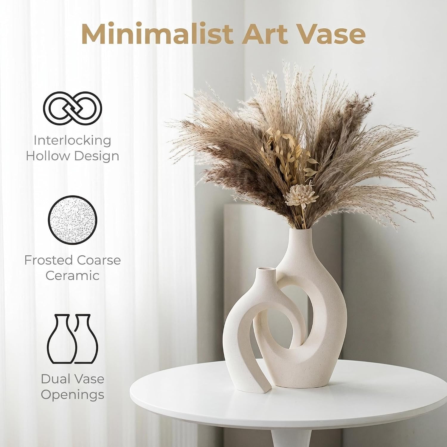 Snuggle Hollow XL Cream White Ceramic Vase Set of 2 for Coffee Table Decor, Modern Minimalist Aesthetic Donut Floral Vases, for Home Living Room Entryway Table Shelves Decorative (W 6.8" X H 11")