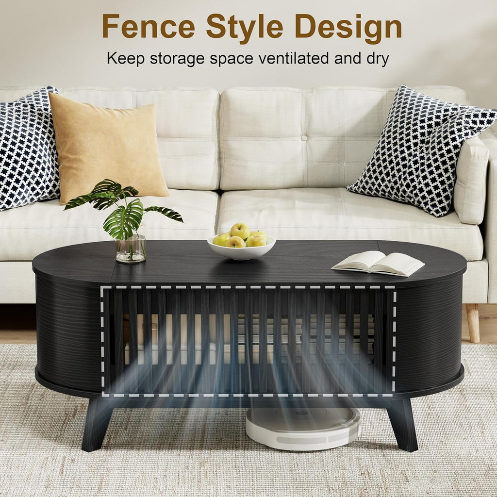 Oval Coffee Table for Living Room with Slatted Sides Frame, Modern Lift Top Coffee Table with Storage Hidden Compartment, Lift Tabletop Dining Table, Curved Corner, 40inch, Black