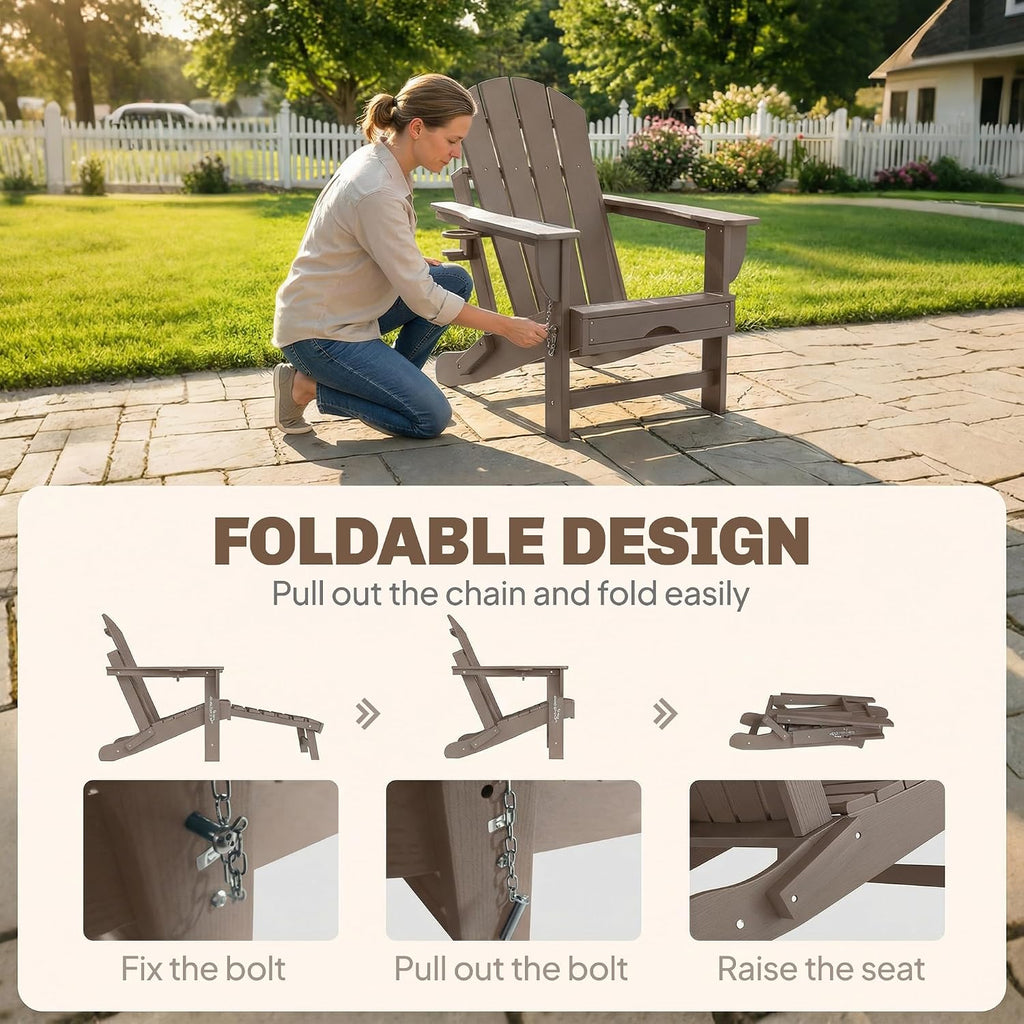 Outsunny Folding Adirondack Chair Set of 2, Outdoor HDPE Fire Pit Chair with Retractable Ottoman, Cup Holder and Large Seat for Deck, Garden, Backyard, Brown