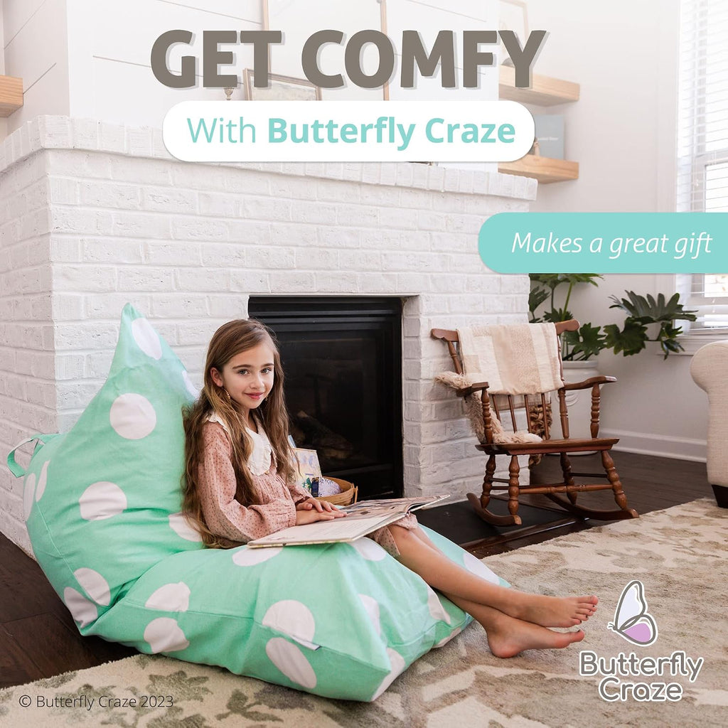 Butterfly Craze Kids Bean Bag Chair Cover - Zippered Plush Toy Organizer & Stuffed Animal Storage - Cozy Floor Lounger & Bean Bag Chairs for Kids - Aqua Polka Dots, 50 x 30 x 35 in