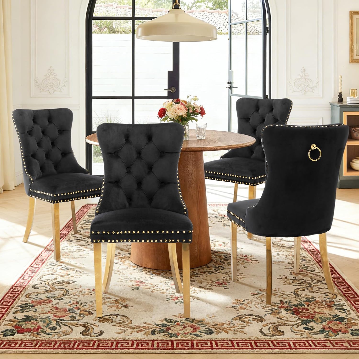 Velvet Dining Chair Set of 2,Upholstered Tufted Dining Room Chair with Nailhead Trim and Stainless Steel Gold Plated Leg for Kitchen,Black